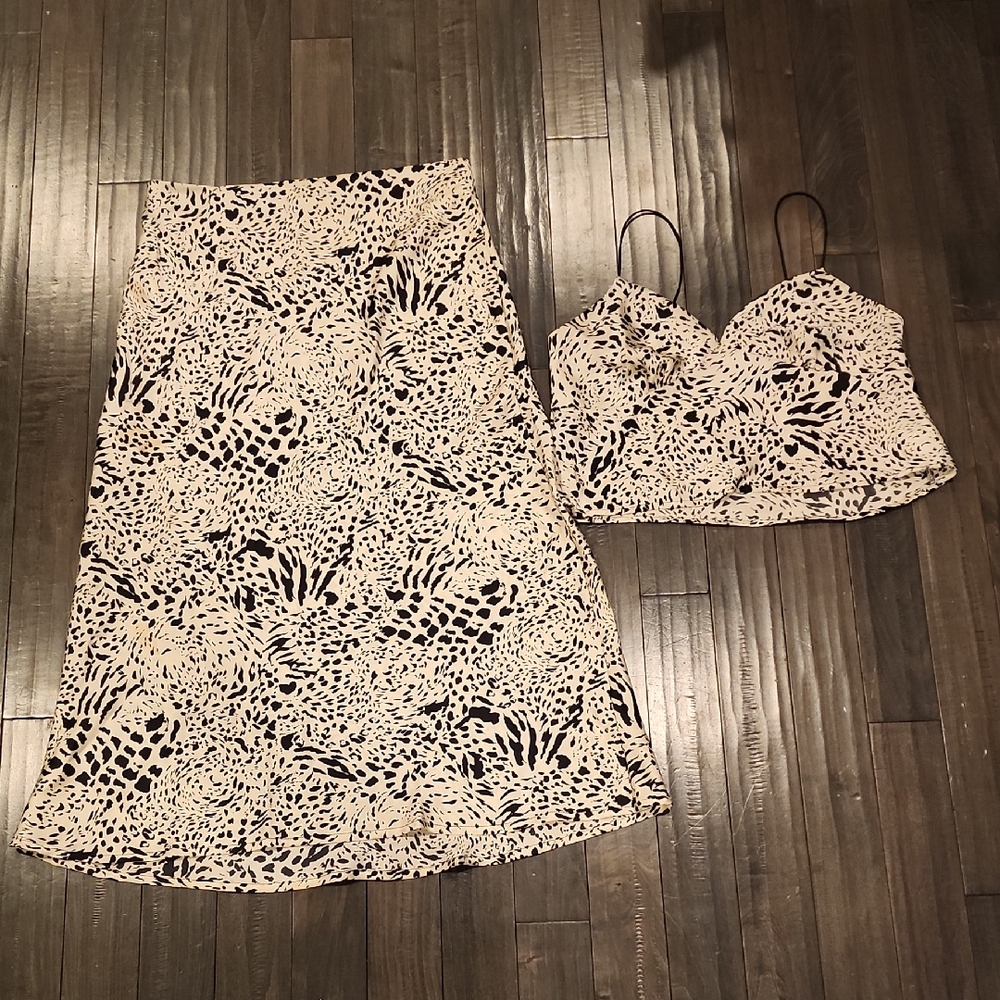 Timing Satin Two-Piece Animal Print Skirt and Crop Top Set - Beige & Black